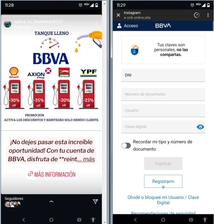 A la izquierda, una Historia de Instagram con una falsa promo que promete descuentos en carga de nafta. Si se hace clic abajo, el sistema envía a una página falsa (derecha) donde piden las claves bancarias.