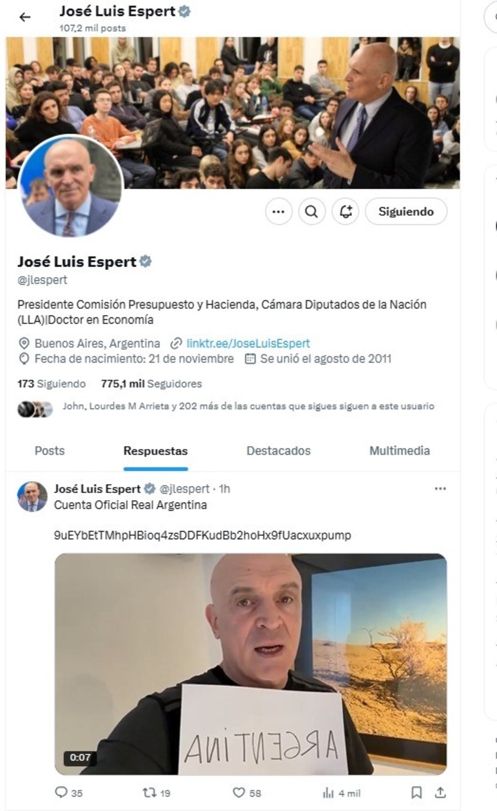 El diputado José Luis Espert fue hackeado para promocionar una criptomoneda